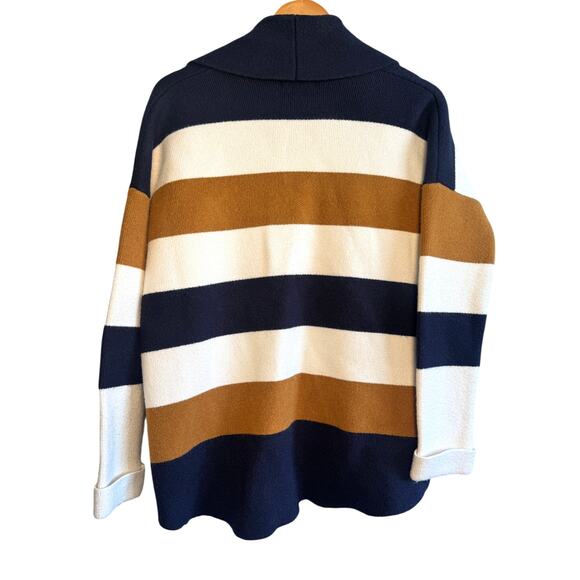 Fate Striped Open Front Cardigan Sweater Medium Brown Navy Cream Cozy Pockets - Picture 3 of 5